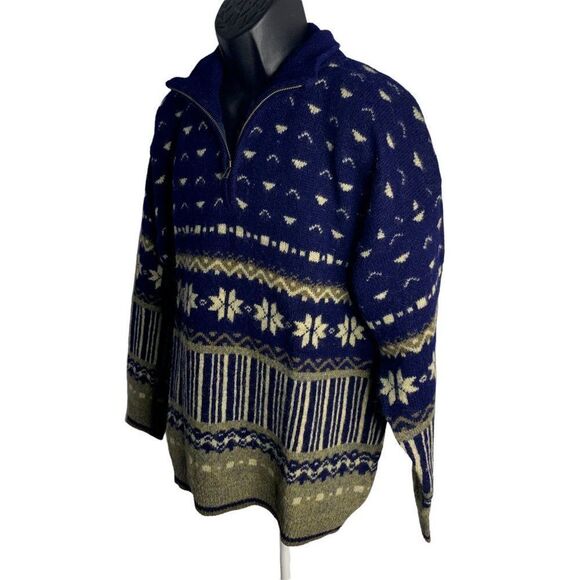 Vintage Columbia Wool Knit Sweater L Blue Fair Isle Collar Quarter Zip Pullover - Picture 3 of 6